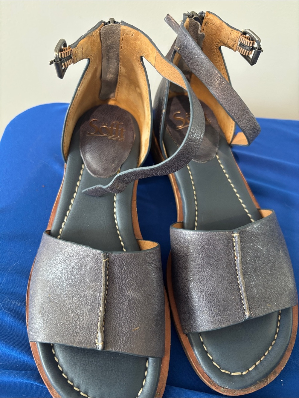 Sofft Metallic Gray Leather Ankle-Strap Sandals